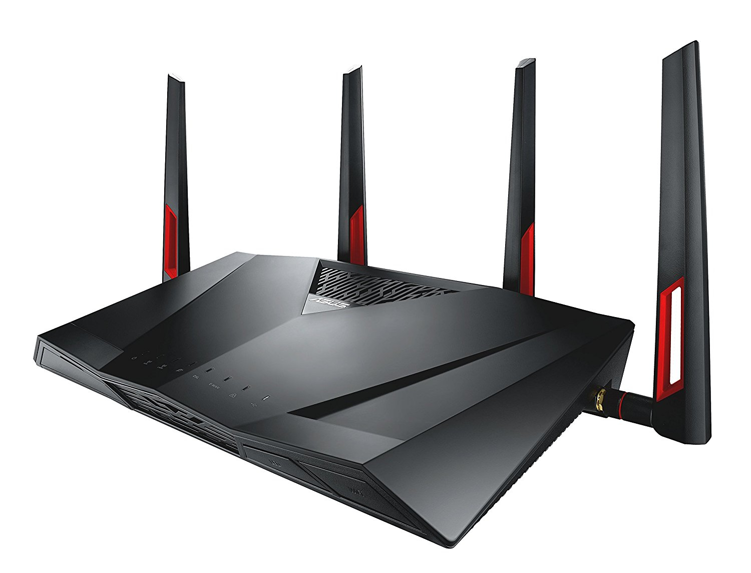 Router WiFi ASUS negro con cuatro antenas. Detalles rojos en antenas, cuerpo negro y vista en ángulo.