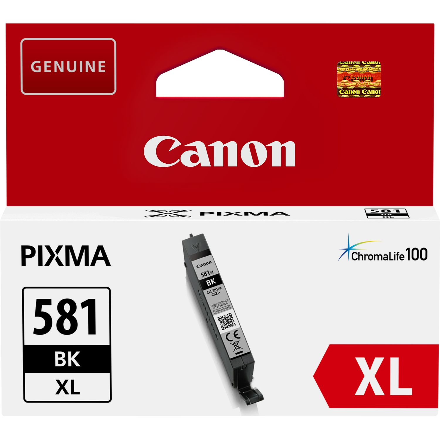 Caja de cartucho de tinta Canon. Colores rojo y blanco. Logotipo de Canon al frente. Tamaño XL.