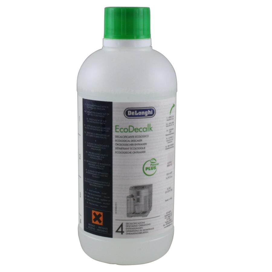 Una botella de DeLonghi EcoDecalk, con tapón verde, sobre una superficie blanca.