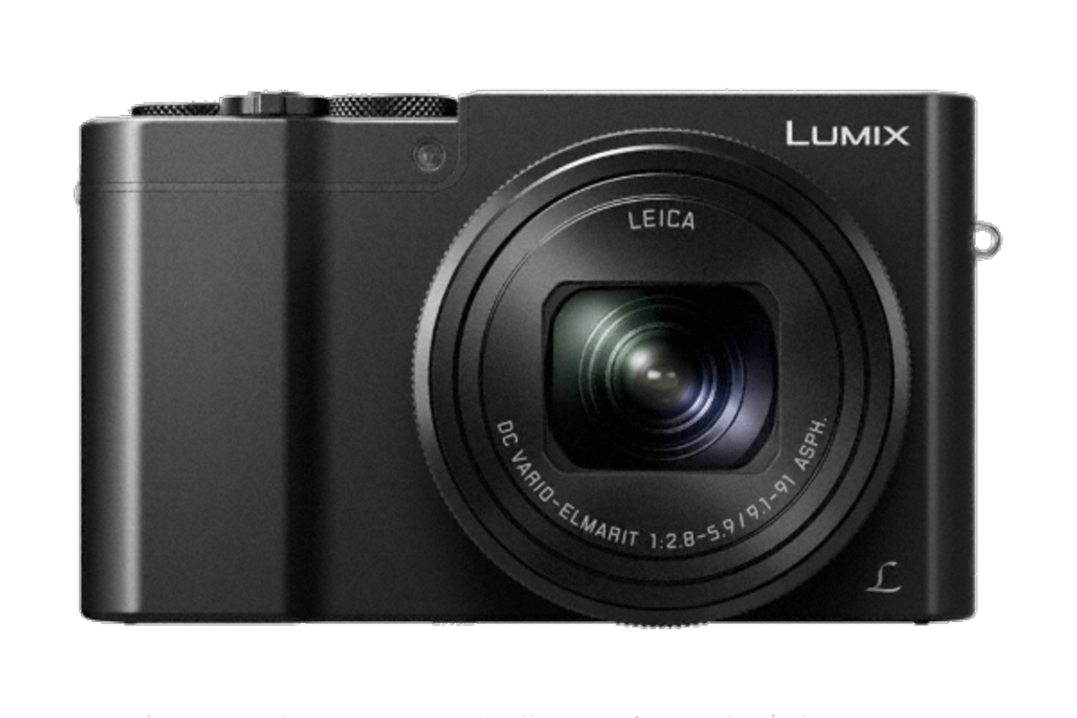 Cámara negra con lente etiquetada "LEICA" y "LUMIX" arriba, sobre fondo negro.
