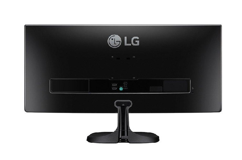 Vista trasera de un monitor de ordenador LG negro con el logotipo de LG y acceso a puertos.
