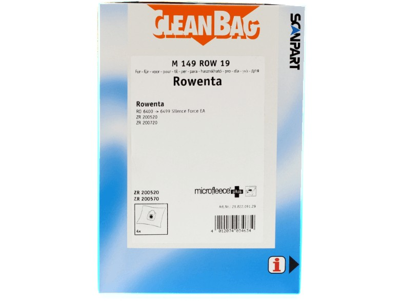 Una bolsa de aspiradora en una caja. La caja es blanca y tiene texto sobre Rowenta y Clean Bag.