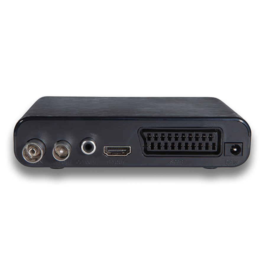 Caja convertidora digital negra. Cuenta con coaxial, HDMI y otros puertos de entrada/salida.