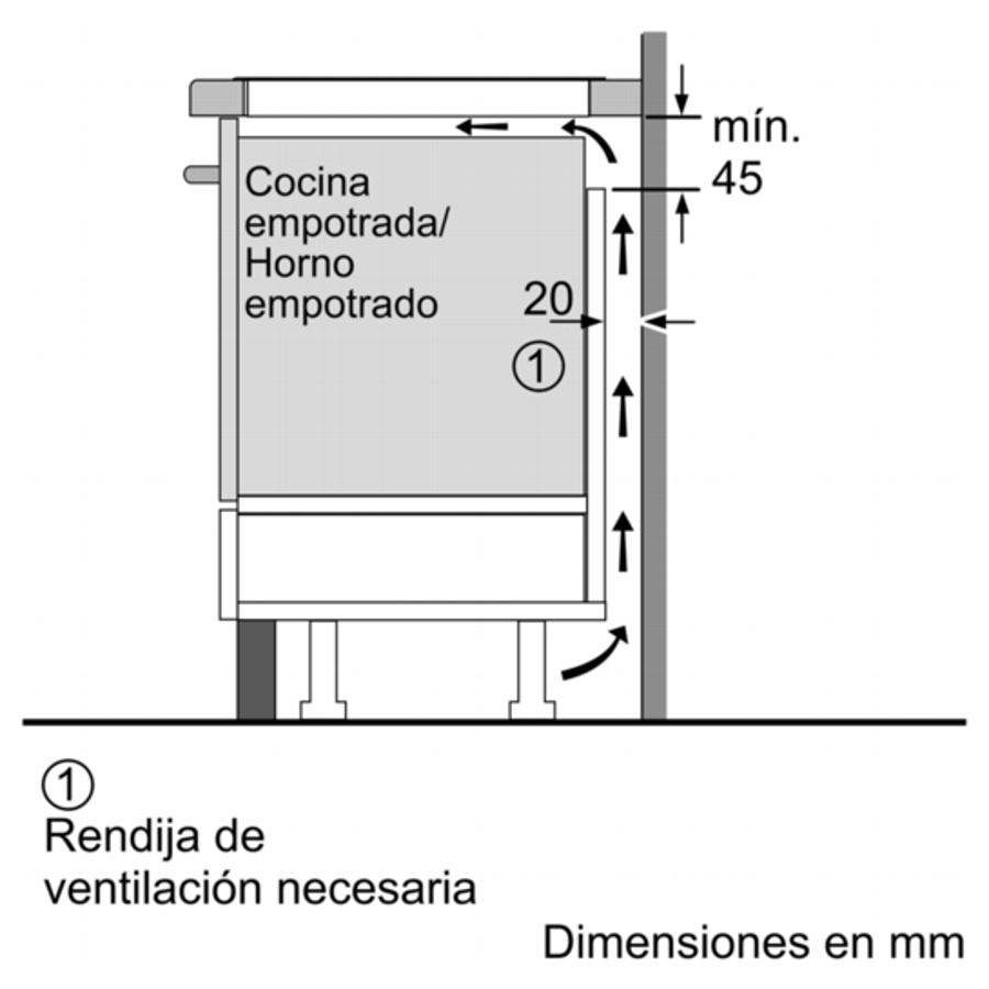 Dibujo esquemático de un horno empotrado con dimensiones e instrucciones de ventilación.