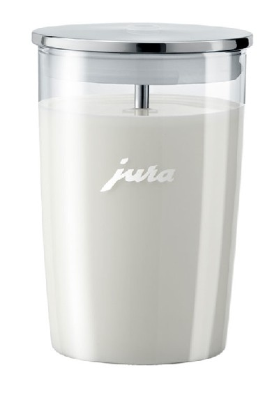 Espumador de leche blanco Jura con tapa plateada y el nombre de la marca en el vidrio.