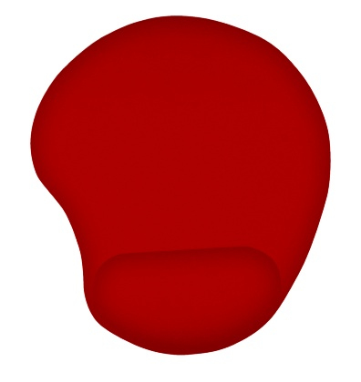 Kırmızı ergonomik mousepad, bilek desteğiyle. Şekli oval, bilek için kavisli bir girintiye sahip.