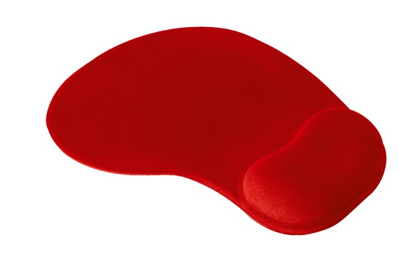 Beyaz bir arka plan üzerinde jel bilek desteği olan kırmızı ergonomik bir mousepad.