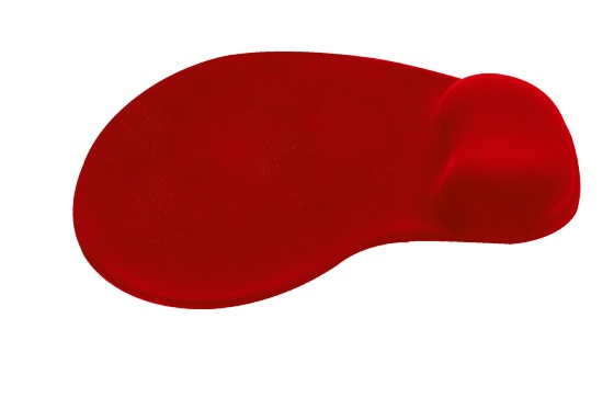 Bilek desteği olan kırmızı ergonomik mouse pad. Yuvarlak destekli oval bir şekle sahiptir.