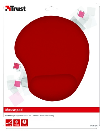 Kırmızı Trust mouse pad, bilek desteğiyle. Ambalajda beyaz ve pembe tasarım.