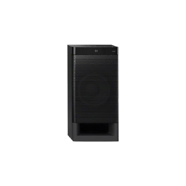 Un altavoz negro alto con una rejilla frontal y la palabra 'TV' en la parte superior.