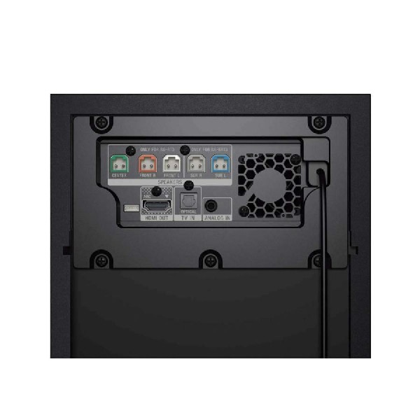 Parte trasera de dispositivo negro con puertos y ventilador.