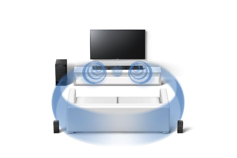 Una configuración de cine en casa con TV, barra de sonido, subwoofer y altavoces envolventes. Ondas sonoras azules.