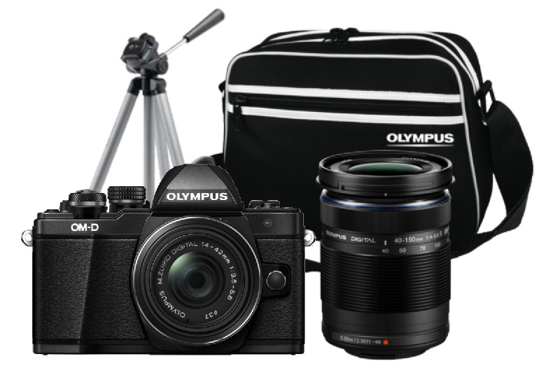 Kit de cámara Olympus con cámara, lente, trípode y bolsa de transporte, sobre fondo blanco.
