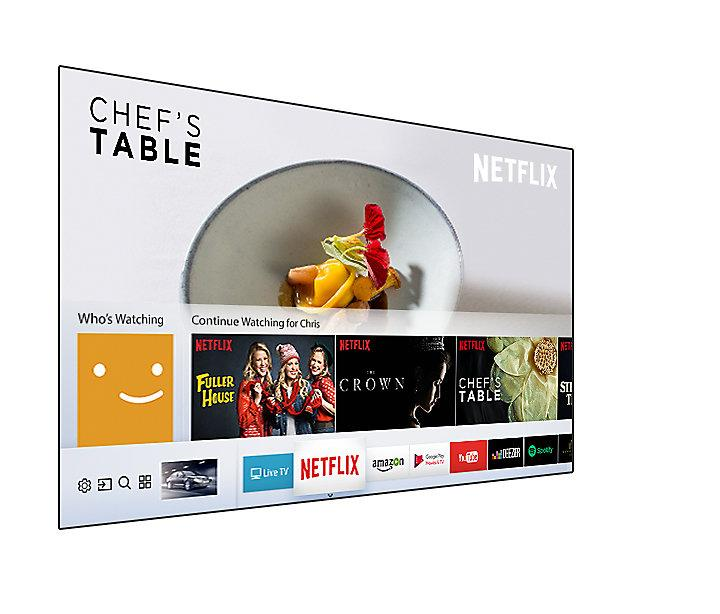 Una pantalla de TV que muestra Netflix. Muestra Chef's Table, Fuller House y otras opciones.
