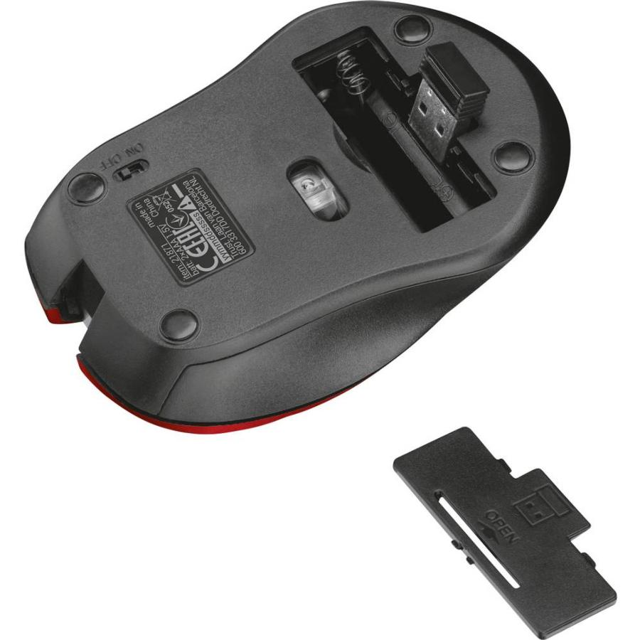 Ratón inalámbrico - Trust 21871 RF, 1800DPI, Ambidextro, Negro/Rojo