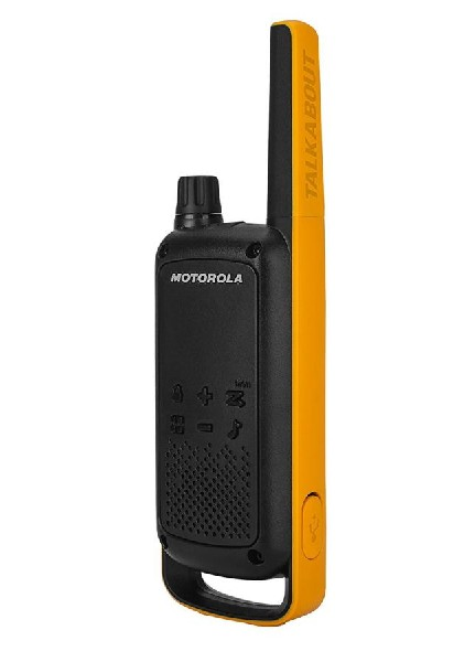 Un walkie-talkie Motorola Talkabout negro y amarillo.