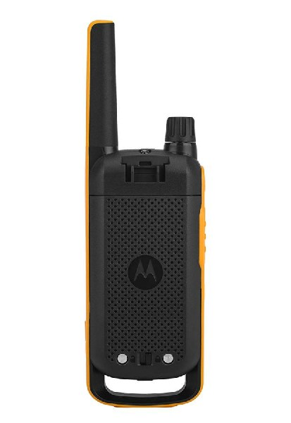 Vista lateral de una radio de dos vías Motorola amarilla y negra. Antena en la parte superior.