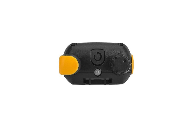 Vista superior de un walkie-talkie negro con botón y perilla amarillos.