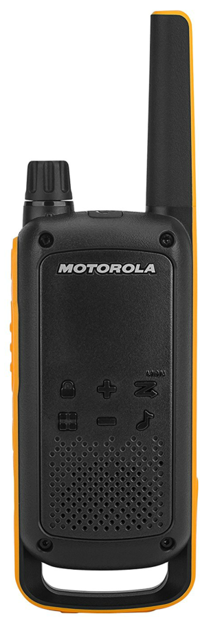 Walkie-talkie Motorola negro y amarillo. Cuenta con antena, botones, logotipo y altavoz. Plástico texturizado.