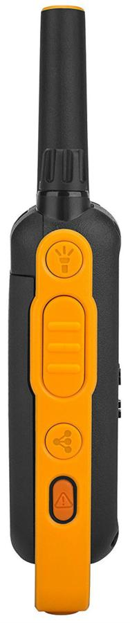Walkie-talkie negro y naranja. Tiene botones, antena y altavoz. Los botones son para linterna, compartir y advertencia.