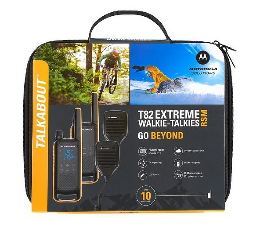 Walkie-talkies y micrófonos negros y naranjas en un estuche negro, con imágenes en la parte delantera.