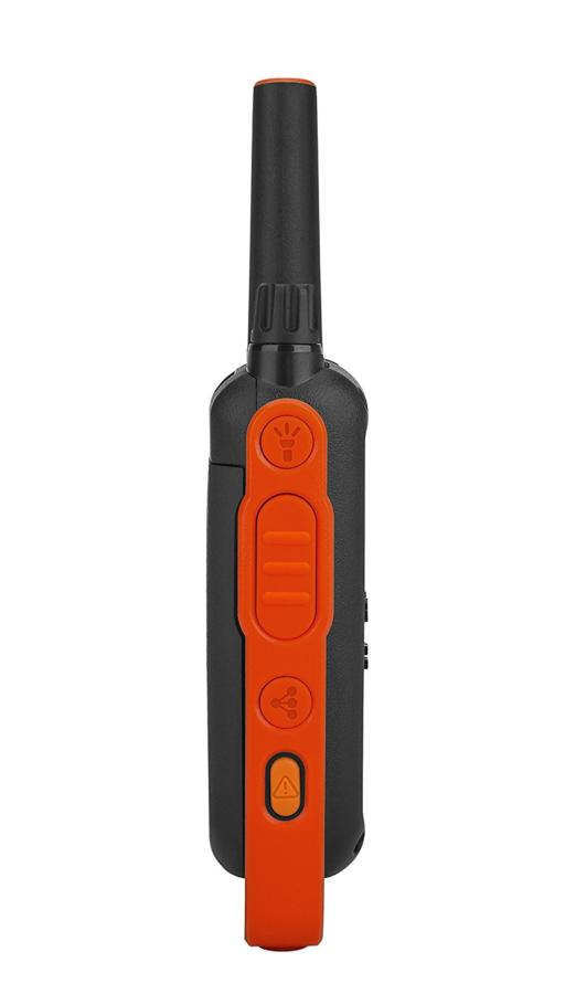 Walkie-talkie negro y naranja. Tiene una antena, botones y una banda naranja en el lateral.