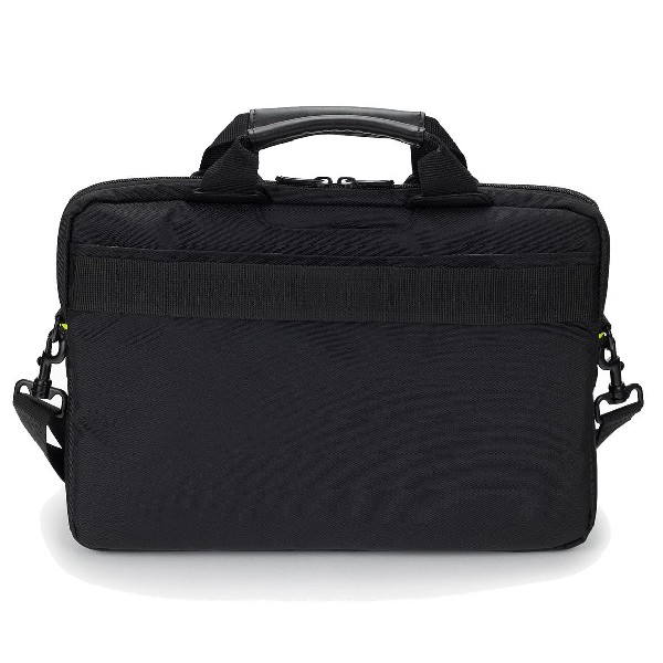 Bolsa negra para portátil. Cuenta con asa, correa para el hombro y diseño sencillo. Fondo claro.