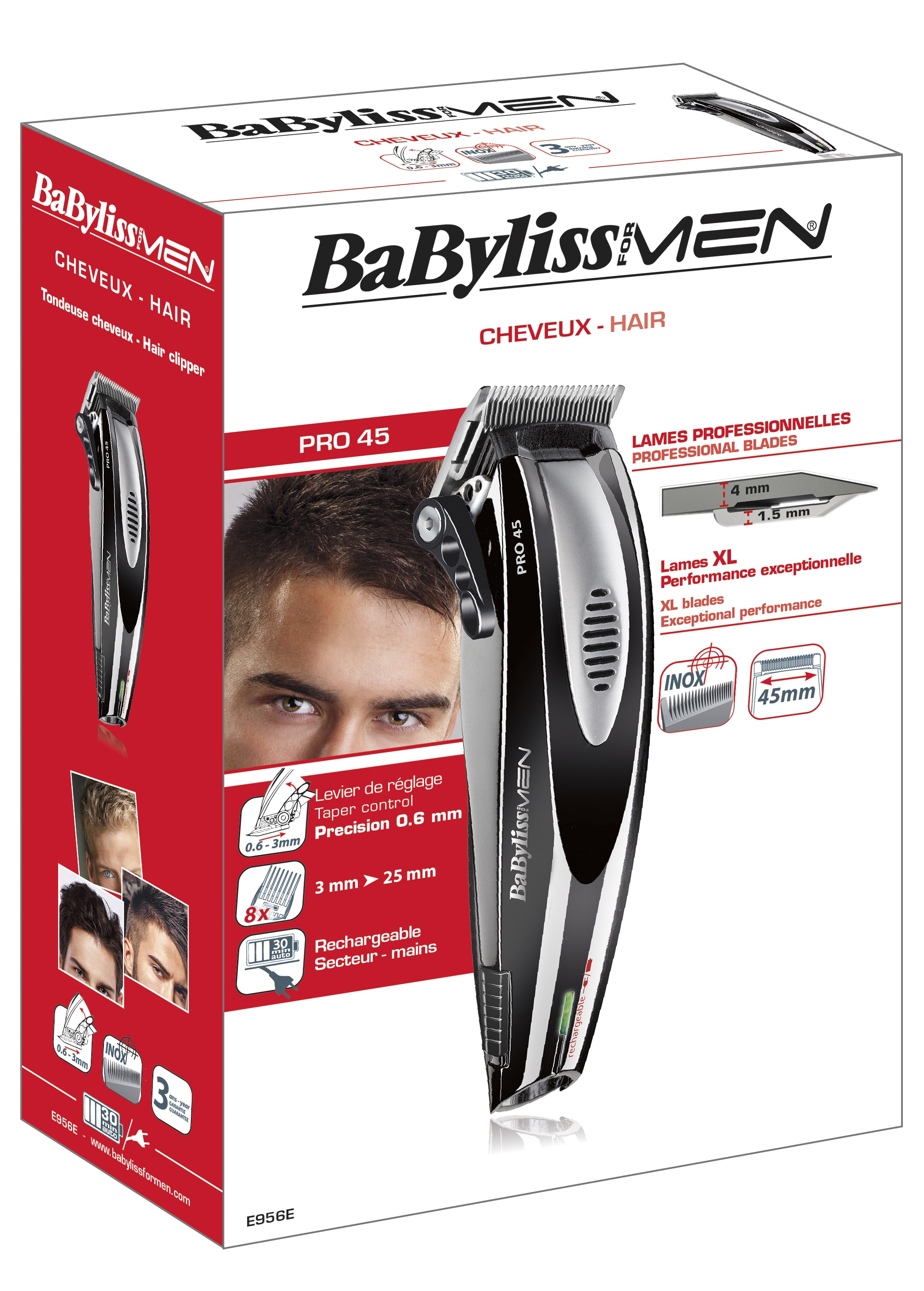 Cortapelos - Babyliss E 956 E PRO 45, Cuchillas desmontables, 8 guías de corte