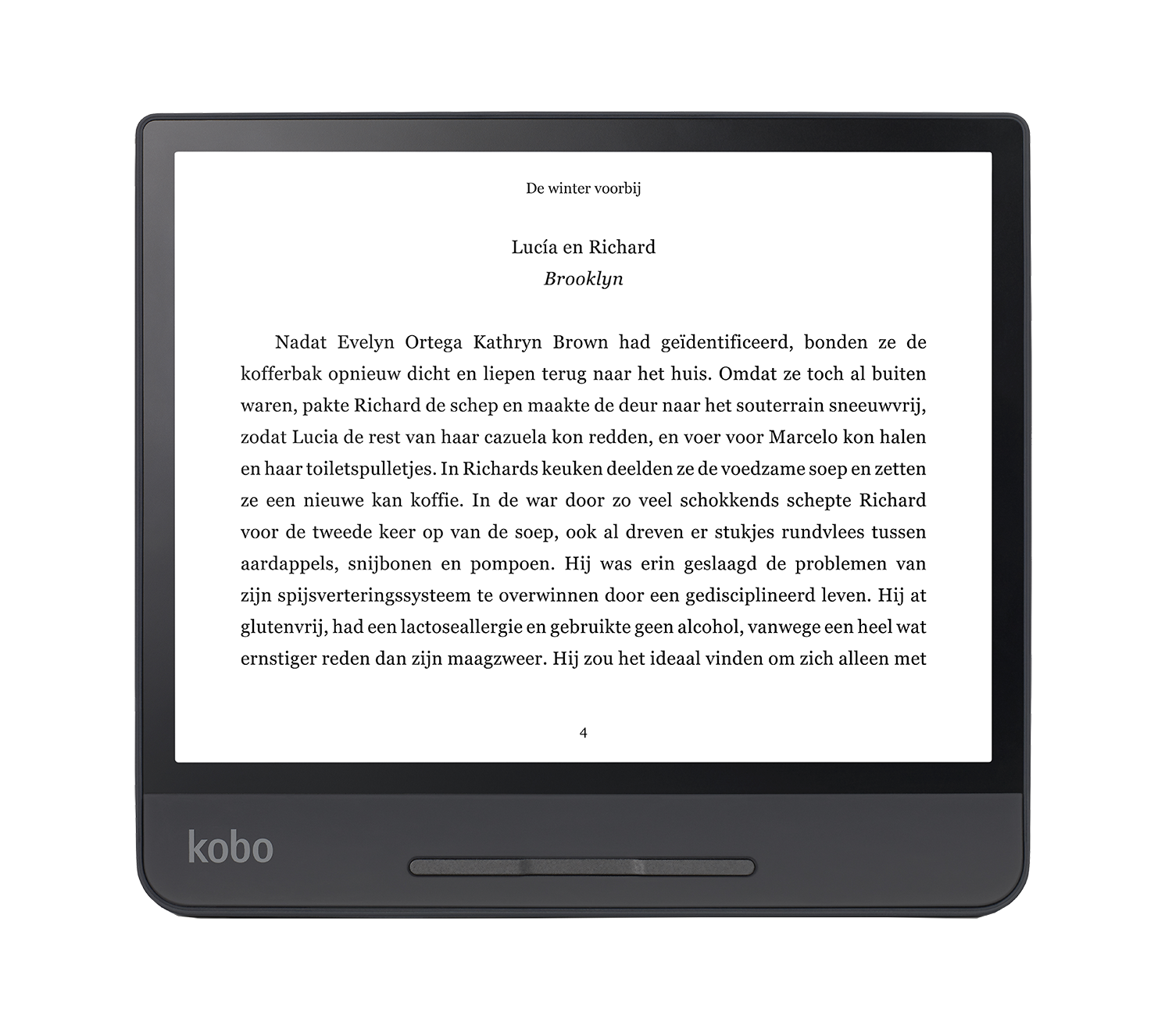 E-reader scherm met tekst, een donkere rand en een zwarte achtergrond.