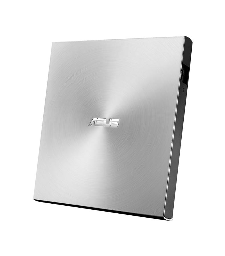 Unidad de DVD externa ASUS plateada, acabado metálico cepillado, forma rectangular.