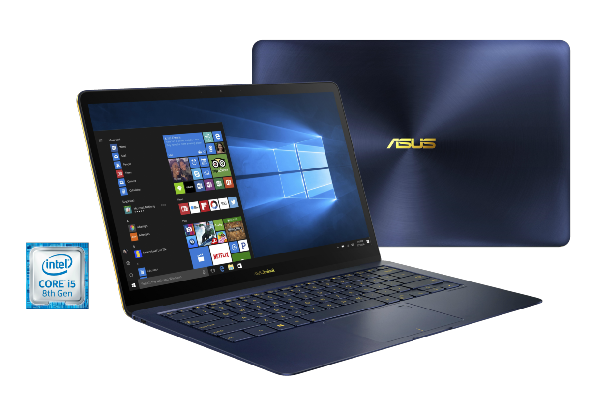 Ordenador portátil azul con teclado y pantalla que muestra una interfaz de usuario.