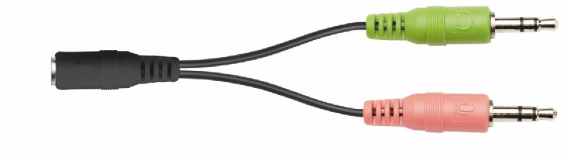 Cable de audio negro con un puerto hembra y dos puertos macho. Conectores codificados por colores.