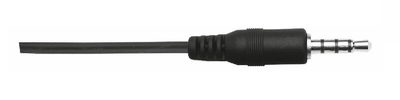 Cable de audio negro con conector de 3,5 mm sobre fondo blanco.