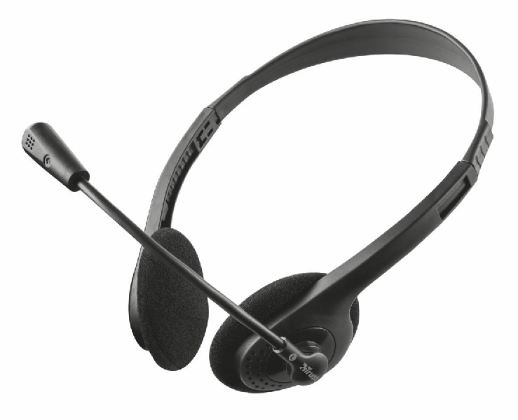 Auriculares negros con micrófono, diseño simple, para comunicación, fondo blanco.