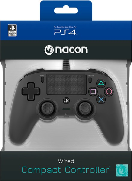 Mando compacto con cable PS4 negro en embalaje.