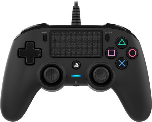 Mando negro de PS4 con botones y joysticks, una tira de luz y un cable conector.