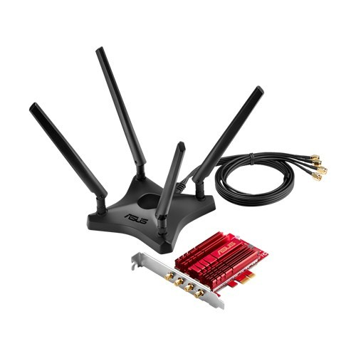 Tarjeta de red con antenas y cables. La tarjeta es roja y negra. La marca es ASUS.