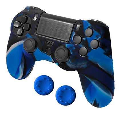 Un mando de PS4 azul y negro con agarres azules para el pulgar.
