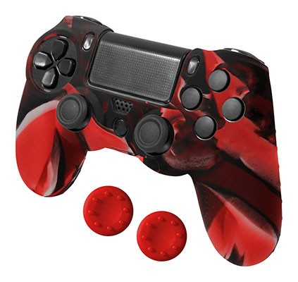 Mando de PlayStation 4 con diseño rojo y negro.