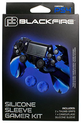 Una funda de controlador PS4 azul y negra con dos agarres adicionales para el pulgar en una caja.