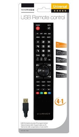 Mando a distancia USB negro en una caja blanca con cable USB.