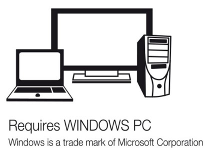 Ilustración en blanco y negro de una configuración de computadora: portátil, monitor y torre. Texto: Requiere PC con Windows.