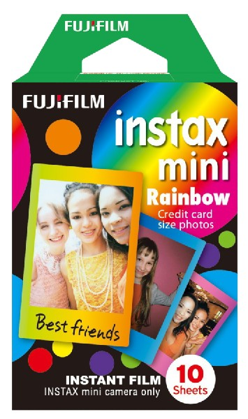 Caja de película Instax mini Rainbow. Diseño colorido con fotos y el logotipo de Fujifilm.