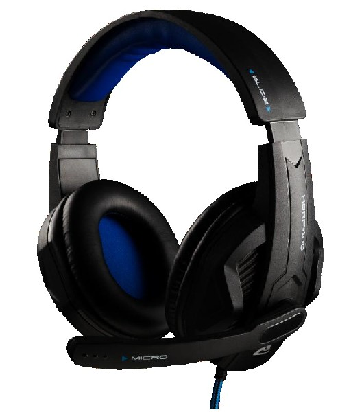 Auriculares para juegos negros y azules. Los auriculares tienen un micrófono y almohadillas.