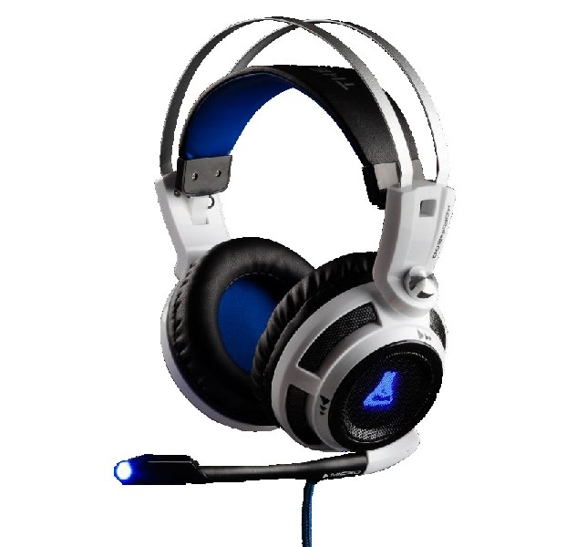 Auriculares gaming blancos y negros con detalles azules, micrófono y logotipo en las orejeras.