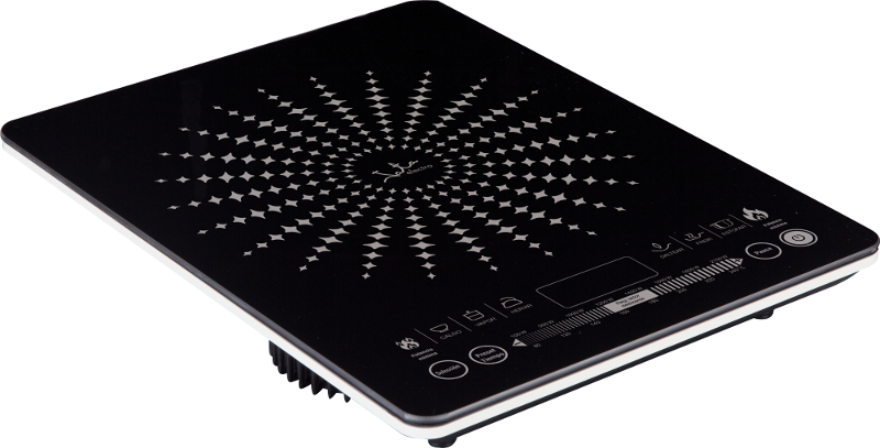 Placa de inducción negra con un patrón de estrellas blancas e iconos de control.