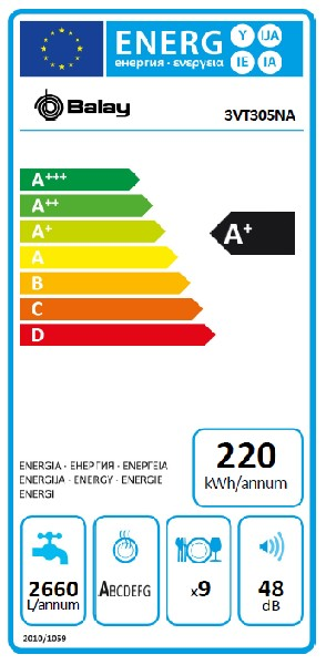 Lavavajillas - Balay 3VT305NA, Integrado, Clase energética A+, Motor ExtraSilencio, 9 servicios