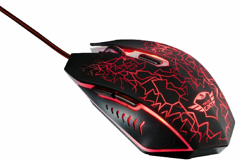Ratón gaming negro con detalles rojos y cable. Tiene el logotipo de Trust.