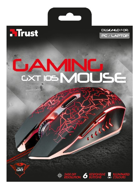 Ratón gaming, negro y rojo. Luces y botones rojos. Marca Trust.