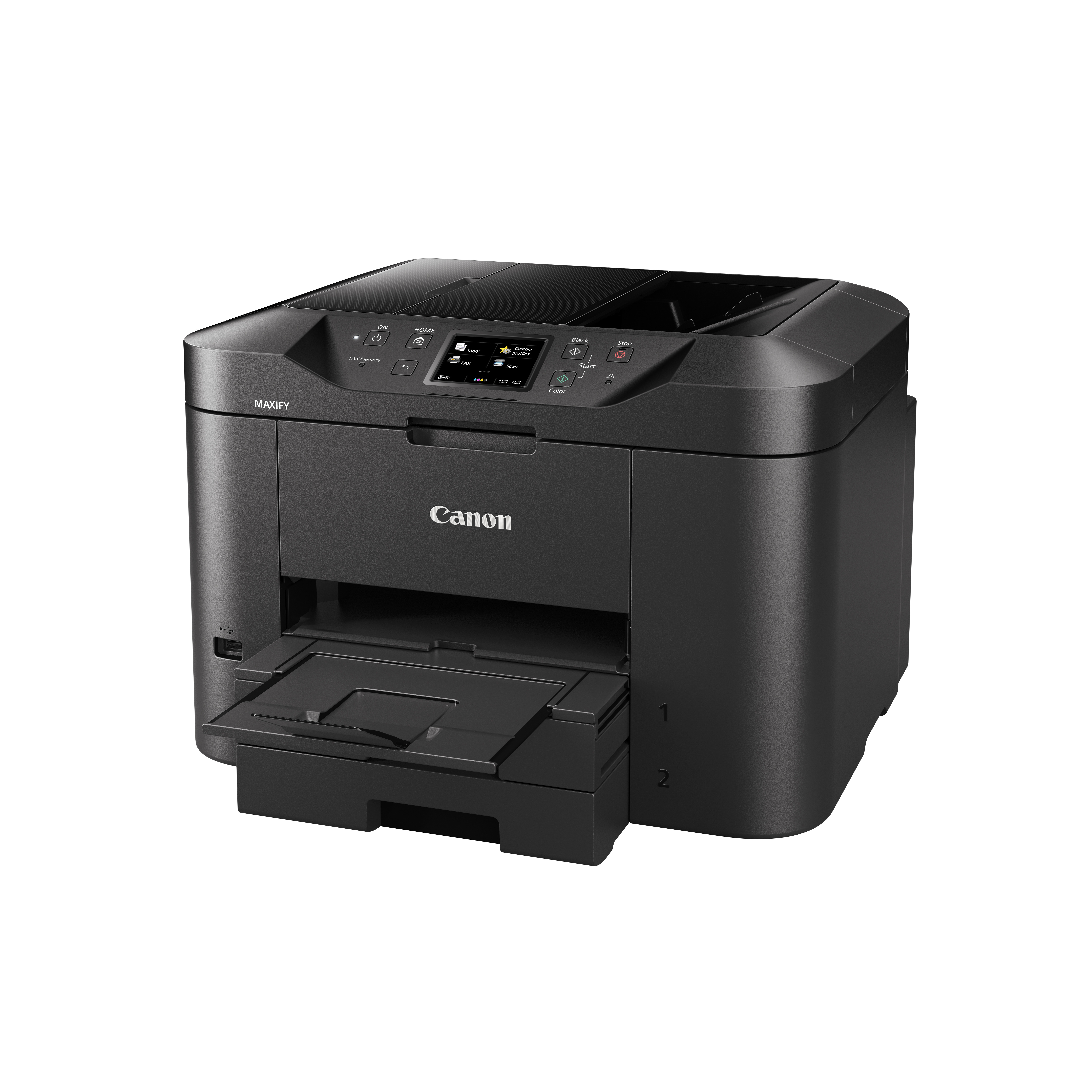 Impresora Canon Maxify negra. Bandeja abierta. Botones, pantalla y el logotipo de Canon son visibles.